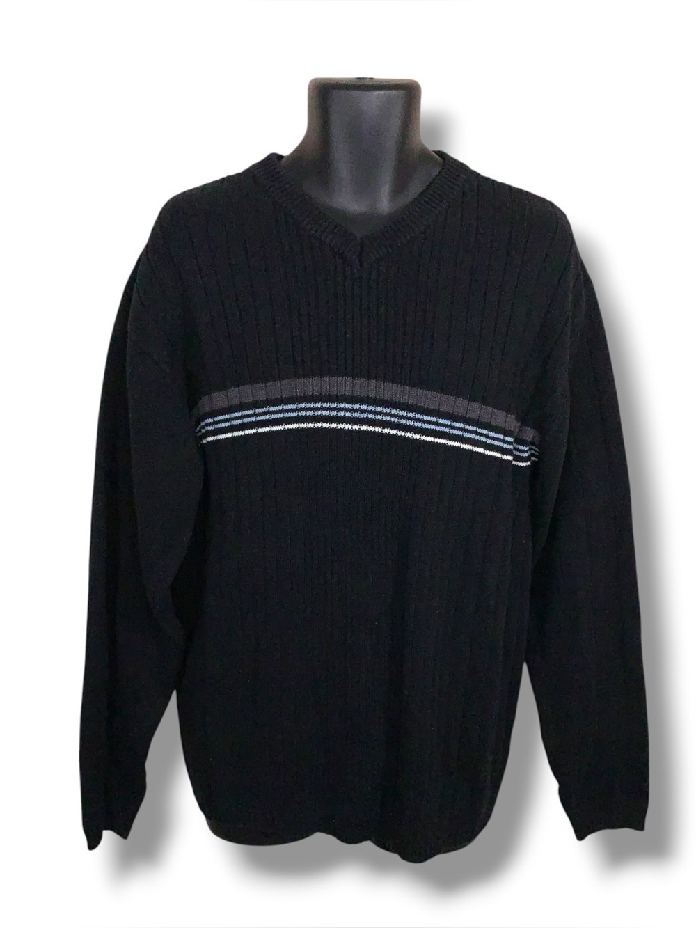 Y2K XL Arizona Black Vneck Knit Sweater Mens Stripe Cotton Blend Long Sleeve